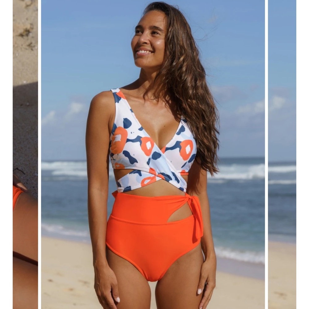 NWT Wrap Floral Printed Cutout Orange Bikini Set